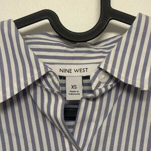 Nine West Blue and White Oversized Striped Button-Down Boyfriend Shirt